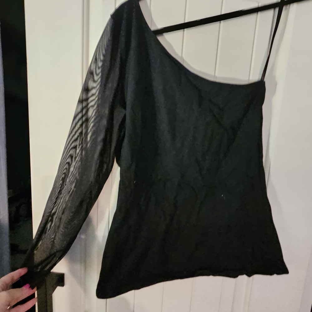 Torrid Black One-Shoulder Mesh Sleeve Top